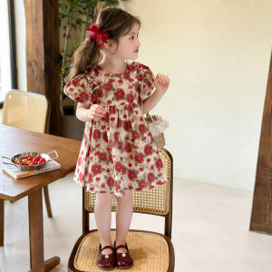 Princess Style Floral Print Summer Dress for Girls Thin Short Sleeve Baby Fashionable Cotton Dress Child Skirt Medium Length