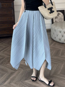 Versatile Irregular Hem Wrinkled A Line Skirt Blue