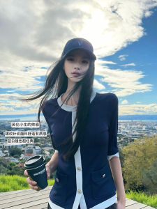 Summer Original British Blue White Color Block Knitwear Slim Fit Elegant Lady Versatile Top Quality Ladies Fashion T-Shirt