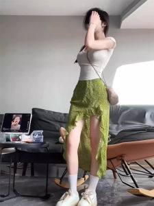 Green Asymmetrical Lace Trim Floral Print Half Skirt Womens Spring Summer Slimming High Waist A-Line Midi Skirt