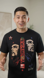 Mens Black T-shirt with Revolution design front and back. Key attributes: graphic print bold text red and blue accents. Fit/use: casual wear. Scene: displayed on hangers.
