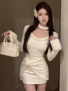 GUZILIAN | Korean Style Slimming Christmas Plaid Furry Wrap Dress Womens Fashion Autumn Winter Short Skirt Long Sleeve Shantung Dress