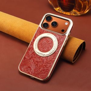 For IPhone 16 17 Pro Max genuine leather case iPhone17 Pro Air Retro flower suction gear bracket