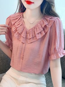 Slimming Short Sleeve Womens Chiffon Shirt with Lace Hem 2024 Summer New Waist-Cinching Belly Concealing Trendy Top