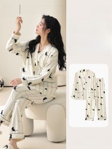 Pregnant Women Sleepwear Set Pure Cotton Home Clothes Cat Lady Antibacterial Postpartum Nursing Long Sleeve Printed Dress