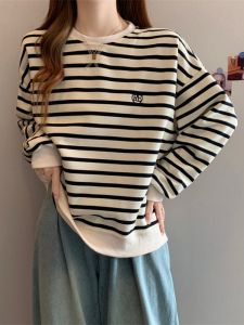 Loose round Neck Sweatshirt Womens Spring Autumn plus Size Slimming Tummy Covering Striped Long Sleeve Base Shirt Top