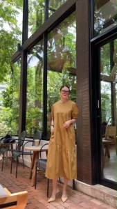 🔖Mirrorsister 50428.4 เดรสน่ารักคอกลมแขนแต่งพองเบาๆทรงตุ๊กตา ทรงหลวมปล่อยยาวลงมา ตัดต่อตะเข็บเฉียงชายปล่อยระบาย