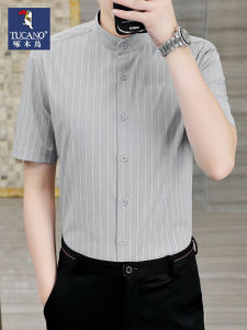 TUCANO Summer Casual Short Sleeve Mens Shirt Stand Collar Stripe Pattern Business Casual Elastic Anti-Wrinkle Standard Fit