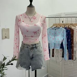 🌏SY เสื้อเชิ้ตแขนยาวตาข่ายดูผ่านสาวหวานสุดฮอตสำหรับผู้หญิงสวมใส่ป้องกันแสงแดดบาง ๆ ในฤดูร้อน