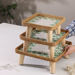 ถาดอาหารสีธรรมชาติจากเปลือกหอยแบบเวียดนาม ลายไม้หวาย สำหรับร้านอาหารหรือใช้ในบ้าน ถาดชาสี่เหลี่ยมขนาดเล็ก