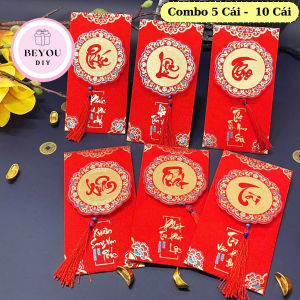 Combo 5 10 Bao Lì Xì Tết 4D Kim Tuyến In Nổi Kèm Dây Tua Rua Phong Bao Lì Xì Đỏ Cao Cấp- BEYOU pcs
