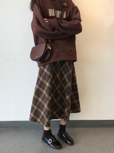 Woolen Retro Plaid Skirt Womens plus Size Plus Size Ladies Winter Maillard Dress A- line Plaid Skirt