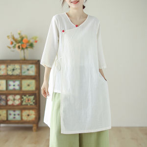 High-End Womens Shirt Luxury Brand Reformed Hanfu  Silk Artistic Retro Button Style Zen Tea Ceremony Clothing
