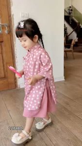 Áo dài tết cách tân cho bé gái hóa nhí nhung tăm mềm mại màu hồng 1 đến 7 tuổi BERNIE 22B480