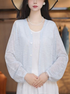 Shalldoer | French Style Single Button Round Neck Long Sleeve Sun Protection Knitted Shirt Women Summer Thin Pure Color Versatile Air Conditioner Cover Up Short Jacket