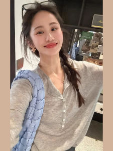 Sweet And Spicy Early Autumn V-Neck Button Mask Thin Loose Long Sleeve T-Shirt Womens Spring Summer Outerwear Lazy Air Conditioner Top