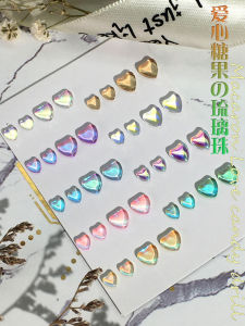 30 PCs Size Mixed Color Flats Aurora Plain Face Peach Heart Glossy Heart Candy Nail Art Internet Celebrity Heart-Shaped Nail Rhinestone Ornament