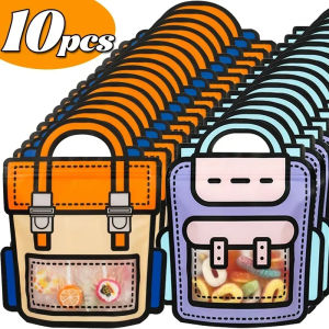 10Pcs Cartoon School Bag Shape Snack Cookie Candy Bag Plastic Zipper Handbag Gift Packaging Bag for Birthday Party Decor Gifts Supplies