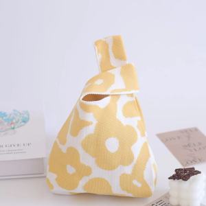 New Knitted Handbag Lunch Box Work Bag Women Casual Tote Bag Commuter Bag Soft Polyester Material Foldable Plant Floral Pattern
