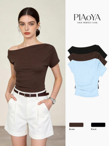 PIAOYA | Short Sleeve Off Shoulder Slanted T-Shirt for Women