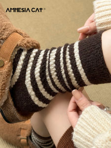Womens Wool Cotton Blend Thick Warm Mid-Calf Socks Autumn Winter Stripe Patterned Chunky Knit Socks Pure Cotton Wool Socks