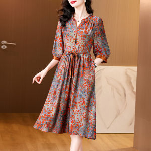 Elegant Mid-Sleeve Floral Print Long Dress for Mom Summer Fashion Middle-Aged Womens High-End Slimming Dress Casual Loose Fit
