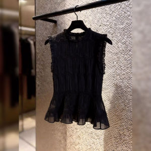 Minimalist Unique French Design Wrinkle Black Sleeveless Blouse