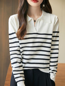 YUEXINYIRONG | Vintage French Stripe POLO Collar Knitted Sweater