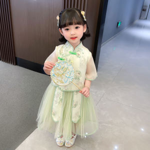Girls Summer Improved Cheongsam Dress Kindergarten Baby Han Chinese Costume Dress Suit Tang Suit Princess Dress Tulle Skirt