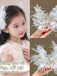 Kẹp Tóc Bên Phía Có Hoa MESH Lông Vũ Đính Hạt Kim Cương và Ngọc Trai cho Bé Gái