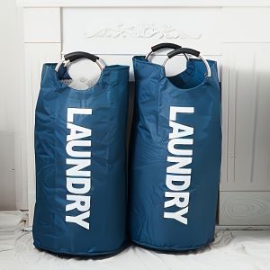 ตะกร้าผ้ากันน้ำขนาดใหญ่พับได้ตะกร้าใส่ของในห้องน้ำทำจากโพลีเอสเตอร์ทรงกลมร่วมสมัยพร้อมที่จับอะลูมิเนียม