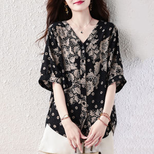 DAIXIANGFEIZI | Áo Sơ Mi Nữ Chiffon Hoa Văn Cổ V Short Sleeve