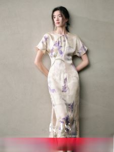 JK&JS | Elegant Long Silk Dress With Iris Flower Print High Waist Flag Robe Style Retro Chinese Fashion JKJS Feng Wu Dance Dress