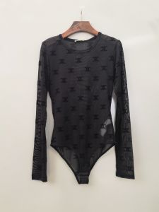 Fashion Classic Flocking Letters Figure Flattering Jumpsuit Womens Tight Bottoming Shirt T Long Sleeves Lace round Neck Body Shaping Tops