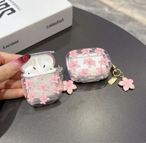 เคสใสลายดอกไม้สีชมพูพร้อมจี้รูปดอกลิลลี่ เหมาะสำหรับ AirPods 1 2 3 4 Pro Pro2