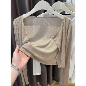 Ice Silk Sun Protection Knitted Cardigan Womens Summer Thin Strap Vest Outer Shawl Cover up Short Coat Korean Style Loose Fit