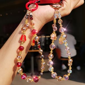 High-End Fashion Crystal Cat Bracelet Handmade DIY Mobile Phone Strap Keychain Travel Anti-Lost Wristband Womens Style