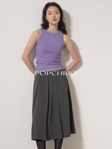 POPCHRIO | Chân Váy Midi A-line Cao Waisted Xếp Ly Kiểu Pháp Cổ Điển