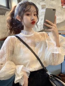 Áo Sơ Mi Ren Cổ Đứng Dài Tay Rộng Rãi Gợi Cảm Phong Cách Hàn Quốc Thời Trang Xuân Thu Mới Về Cho Nữ