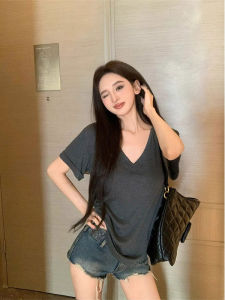 Áo Thun Cotton Dáng Rộng Cổ Chữ V Tay Ngắn Màu Trơn Mùa Hè Cho Nữ Chất Liệu Cotton Thoải Mái Phong Cách Công Sở