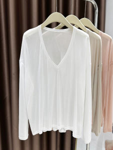 White V-Neck Thin Modal Ice Silk T-Shirt Womens Summer New Loose Outerwear Long Sleeve Knitted Top Simple Commute Style