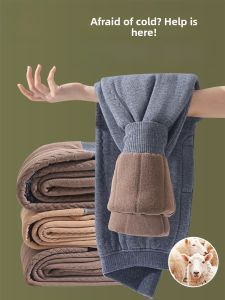 MiiOW | Thickened Woolen Trousers Mens Winter Warm Knee-Pad Cotton Pants Womens Fleece-Lined Yarn Trousers Mid Waist Long Pants