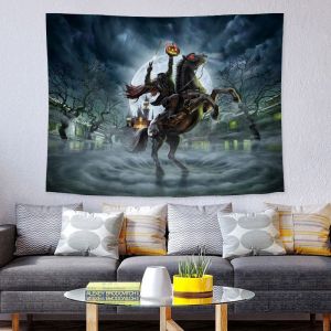 VIKAMA Cartoon Halloween Monster Wall Tapestry Navy Background Ghost Mummy Devil Zombie Pumpkin Grim Reaper RIP Tombstone Bat