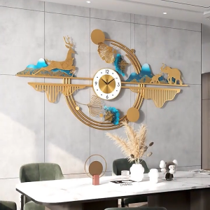 129x68cm Light Luxury Wall Clock Wall Decoration Gingko Leaves Deer Elephant Decorative Art Creative Three-Dimensional Decorative Clock Pendant