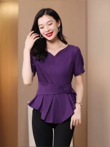 LUXURY Queens Western Lavender Purple Design Feeling Womens Blouse Spring New Style Temperament Waist Shrinking Slim Shirt V-neck Unique Top