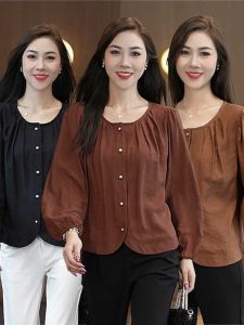 Ladies Autumn Clothes Slimming Long-Sleeved Shirt Fashion Fashionable round Neck Top Shirt Ladieswear Fall Easiest for Match Solid Color Shirt