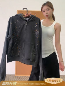 Black American Style Rhinestone Hoodie Cardigan Mens Cleanfit Design Breathable Long Sleeve Youth Popularity Autumn Wear