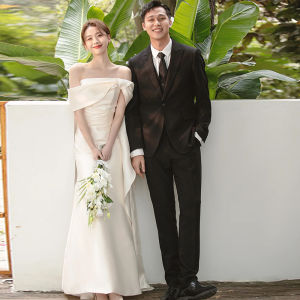 Váy Cưới Satin Một Bên Vai Sang Trọng Cho Cô Dâu Đi Đón Khách Ra Ngoài Váy Cưới Giản Dị Thanh Lịch Cho Đám Cưới Ngoài Trời Mùa Xuân