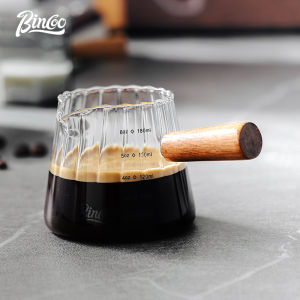 Bincoo Small Glass Milk Cup with Graduated Measuring Cup Espresso Cup Wooden Handle Milk Can Extraction Ounce Cup