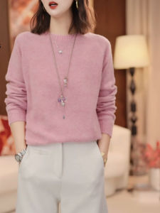 QINGNAER | Soft Lazy Pink Simple Plus Size Knit Sweater